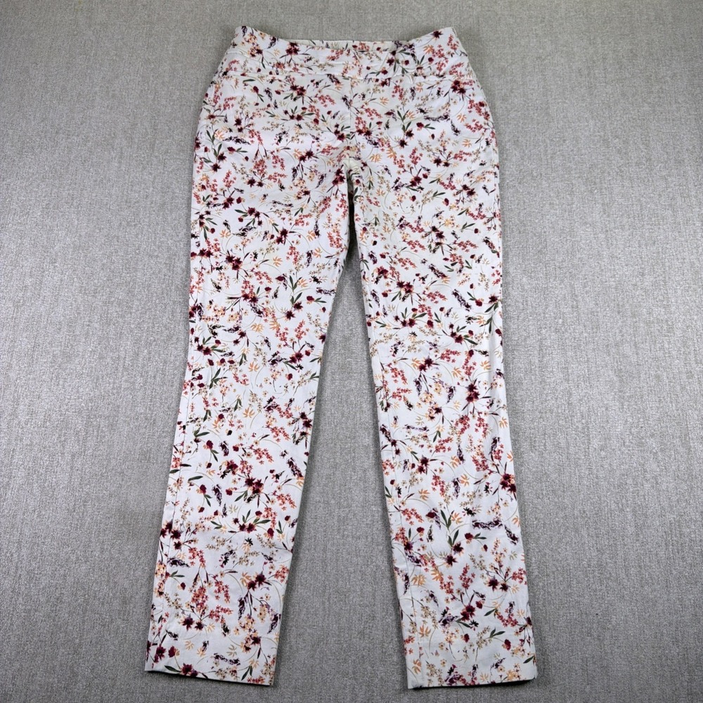 Chico's‎ Floral Slim Ankle Pants Women's 2R White Pink Girlfriend Stretch Twill
